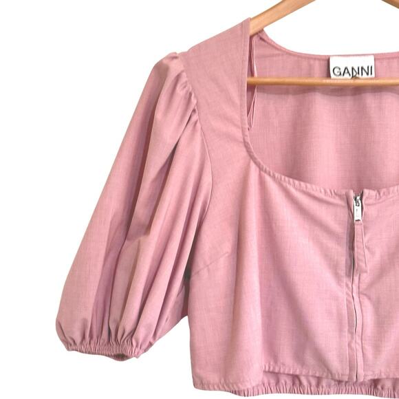 Ganni Drapey Cropped Zipper Blouse Top Puff Sleeve Sz 42 US Large Pink FLAW - Picture 3 of 7